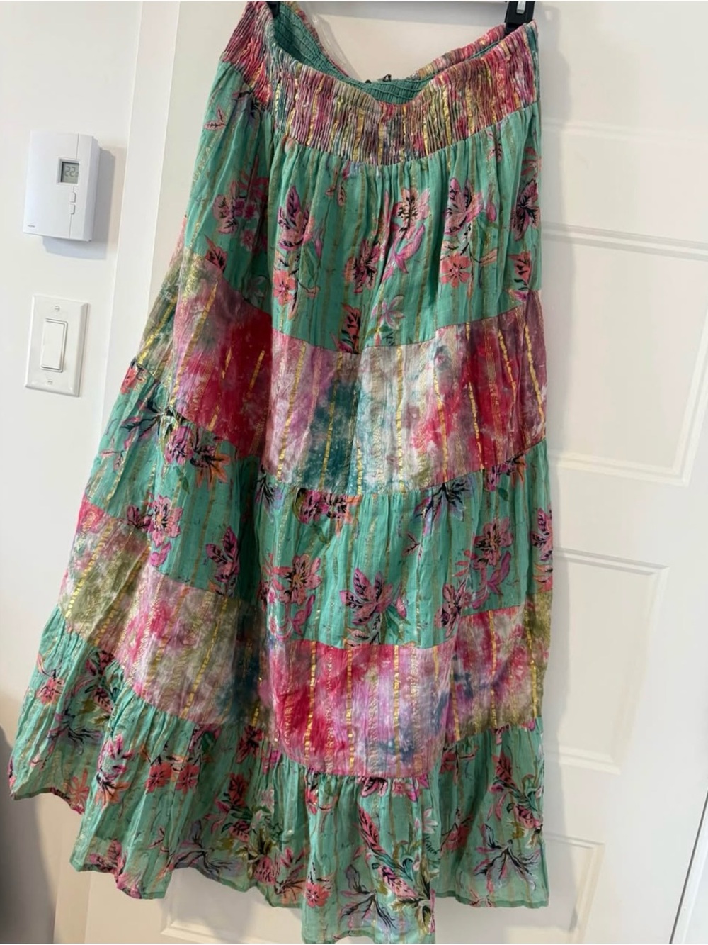 Boho Tiered Floral Maxi Skirt - Mint Pink Patchwork